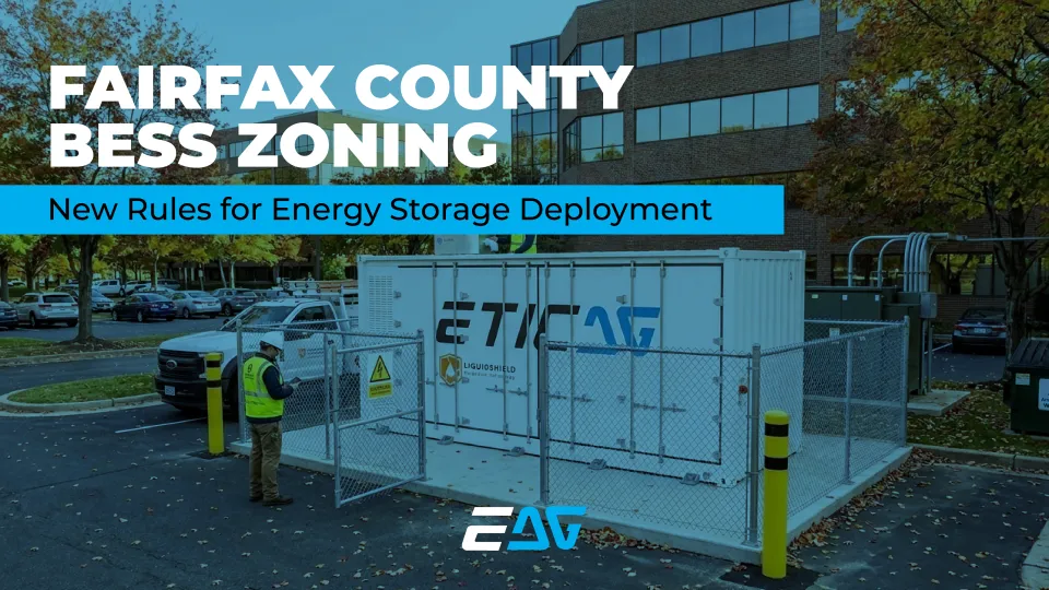 Fairfax County BESS zoning graphic showing an EticaAG battery energy storage system installation in a parking lot