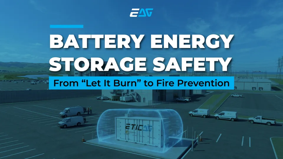 Battery energy storage facility with EticaAG container protected by a transparent safety dome, titled “Battery Energy Storage Safety: From ‘Let It Burn’ to Fire Prevention.”