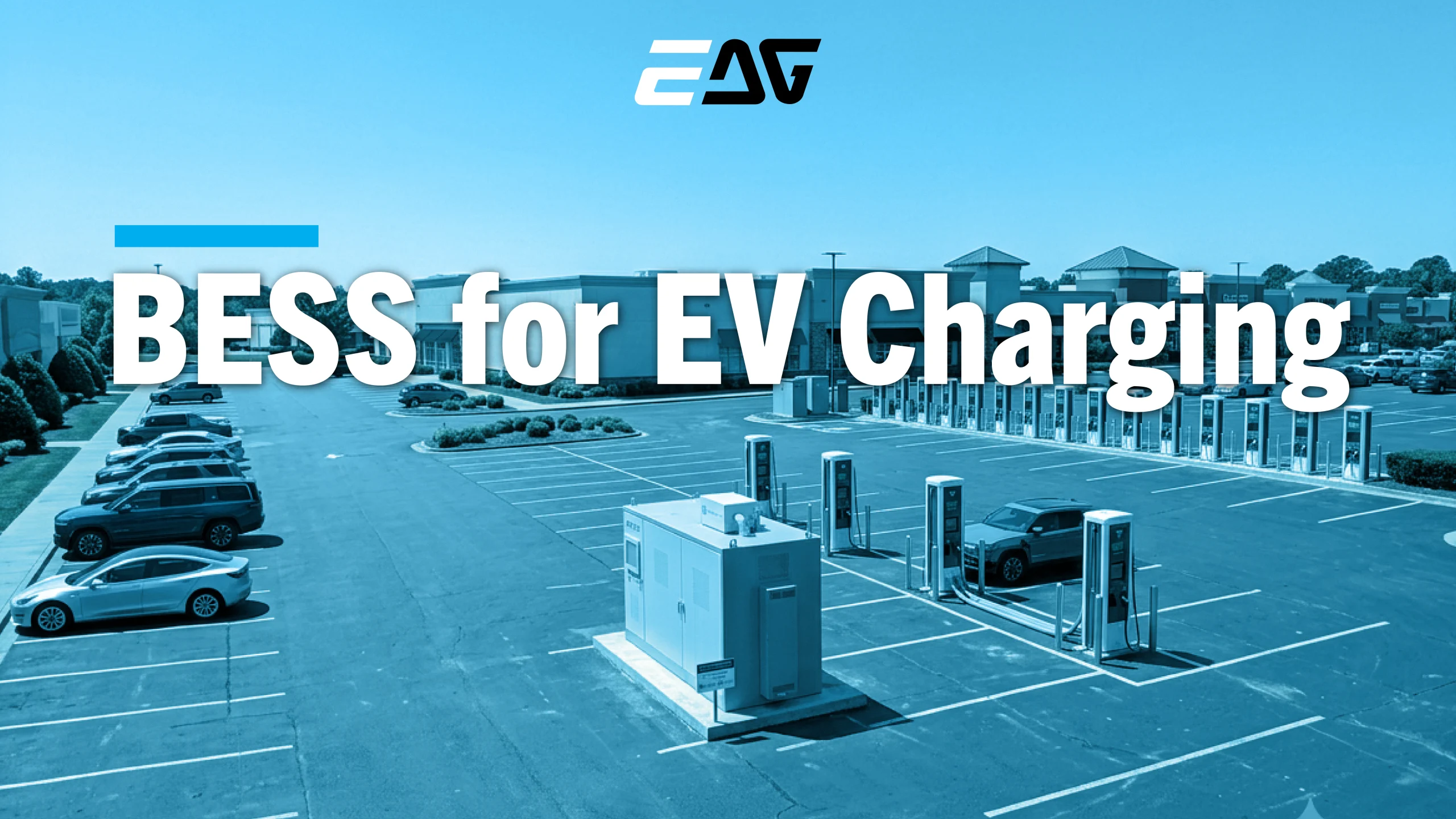 BESS integrated with EV charging stations at a commercial facility to support fast charging, reduce grid demand, and improve charging availability.